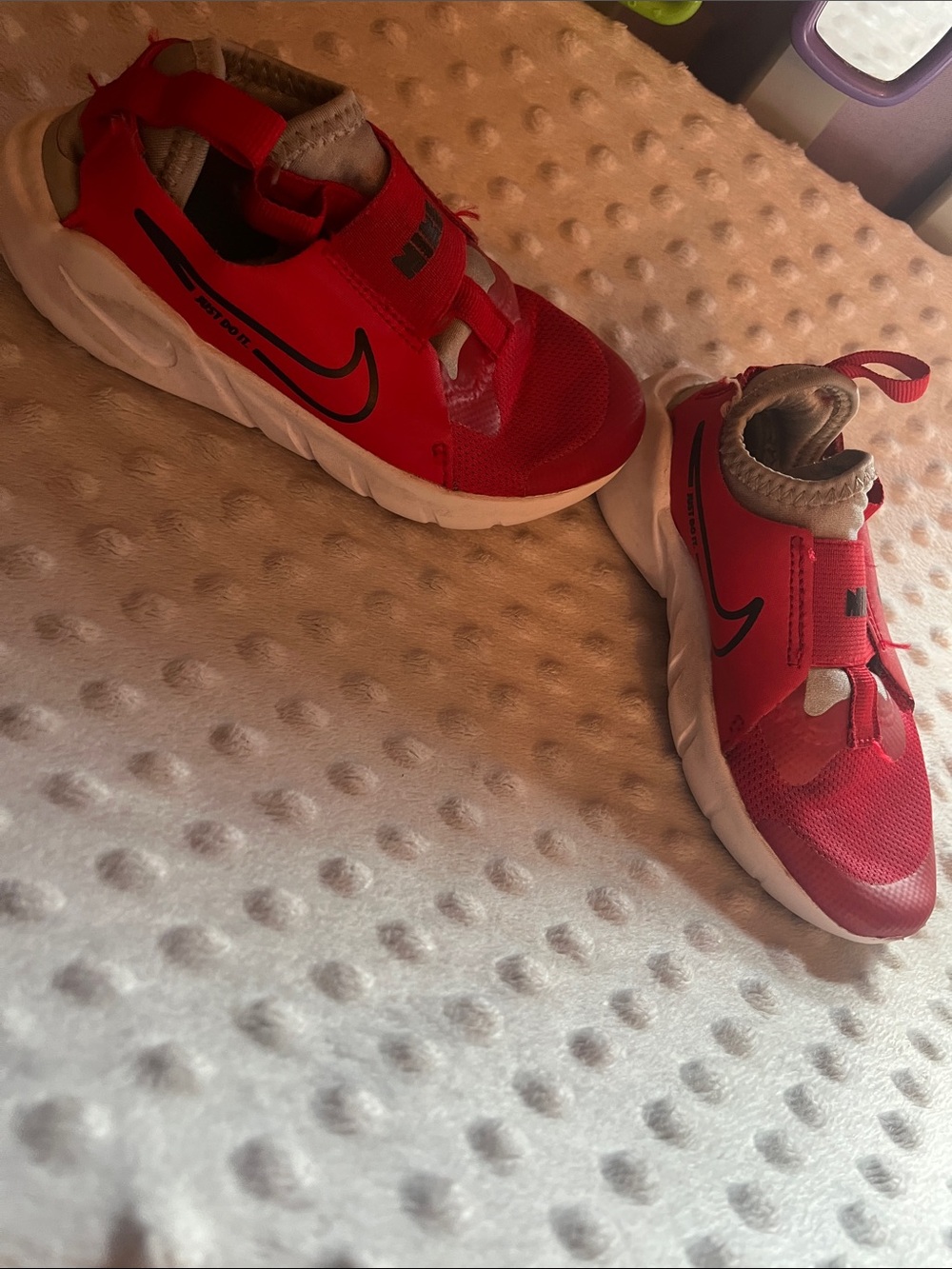 Nike Red and White Kids' Sneakers with Black Swoosh
